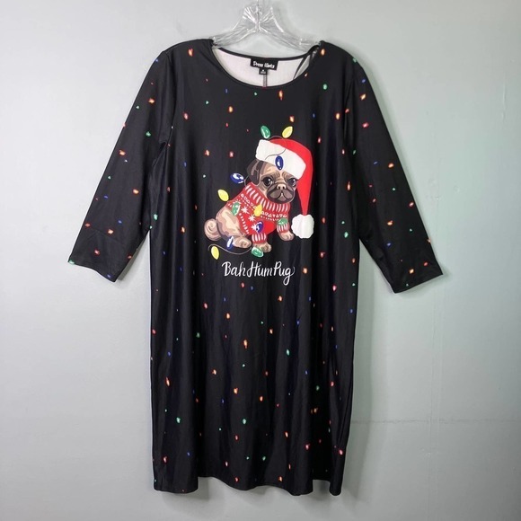 Dress Works Bah Hum Pug Christmas Holiday Scrooge Dog Festive Lights Dress Sz M - Picture 10 of 15